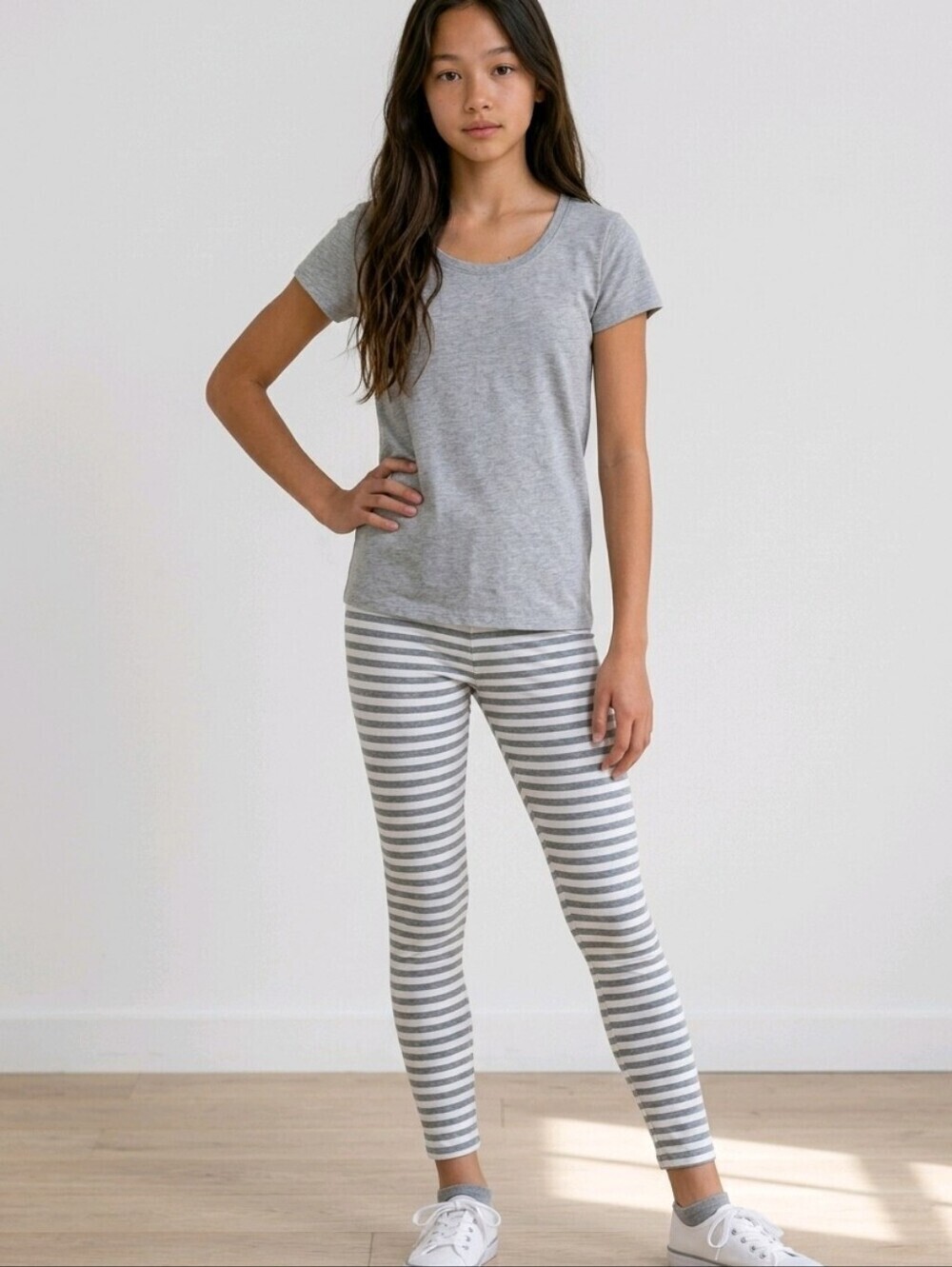 NWT Kid's Thereabouts gray white stripe long length leggings sz XL(16)